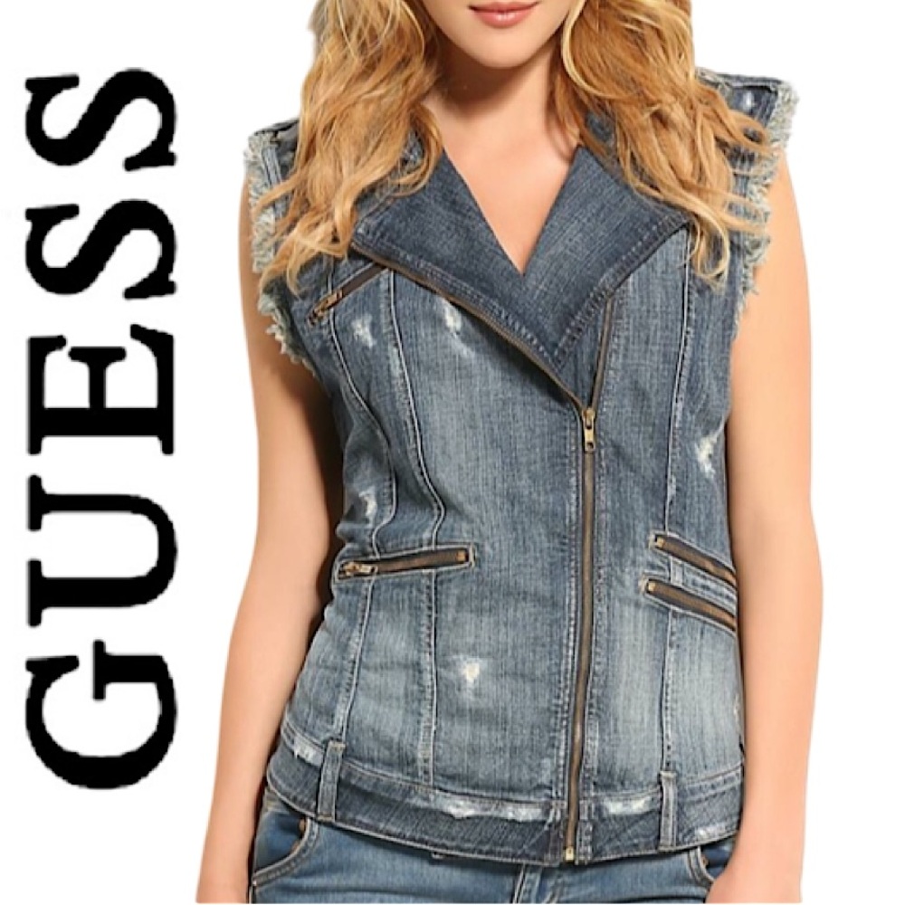 GUESS.NWT.”MILA”.Asymmetrical Distressed Denim Vest.Front zip & zipper pockets.L